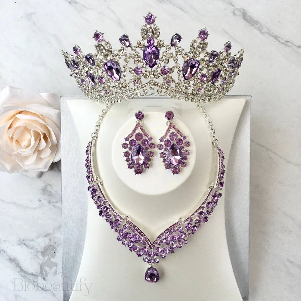 Purple Crystal Bridal Jewelry Set - 3-Piece With Tiara In Silver And Gold