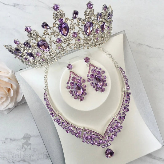 Wedding Jewelry and Accessories - Purple Crystal 3-Piece Bridal Jewelry Set With Tiara - Available in Silver and Gold