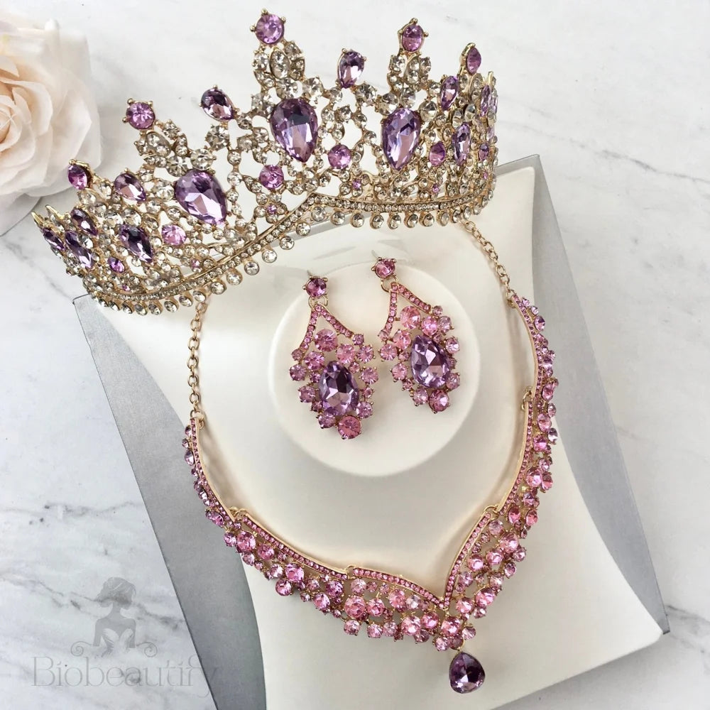 Wedding Jewelry and Accessories - Purple Crystal 3-Piece Bridal Jewelry Set With Tiara - Available in Silver and Gold