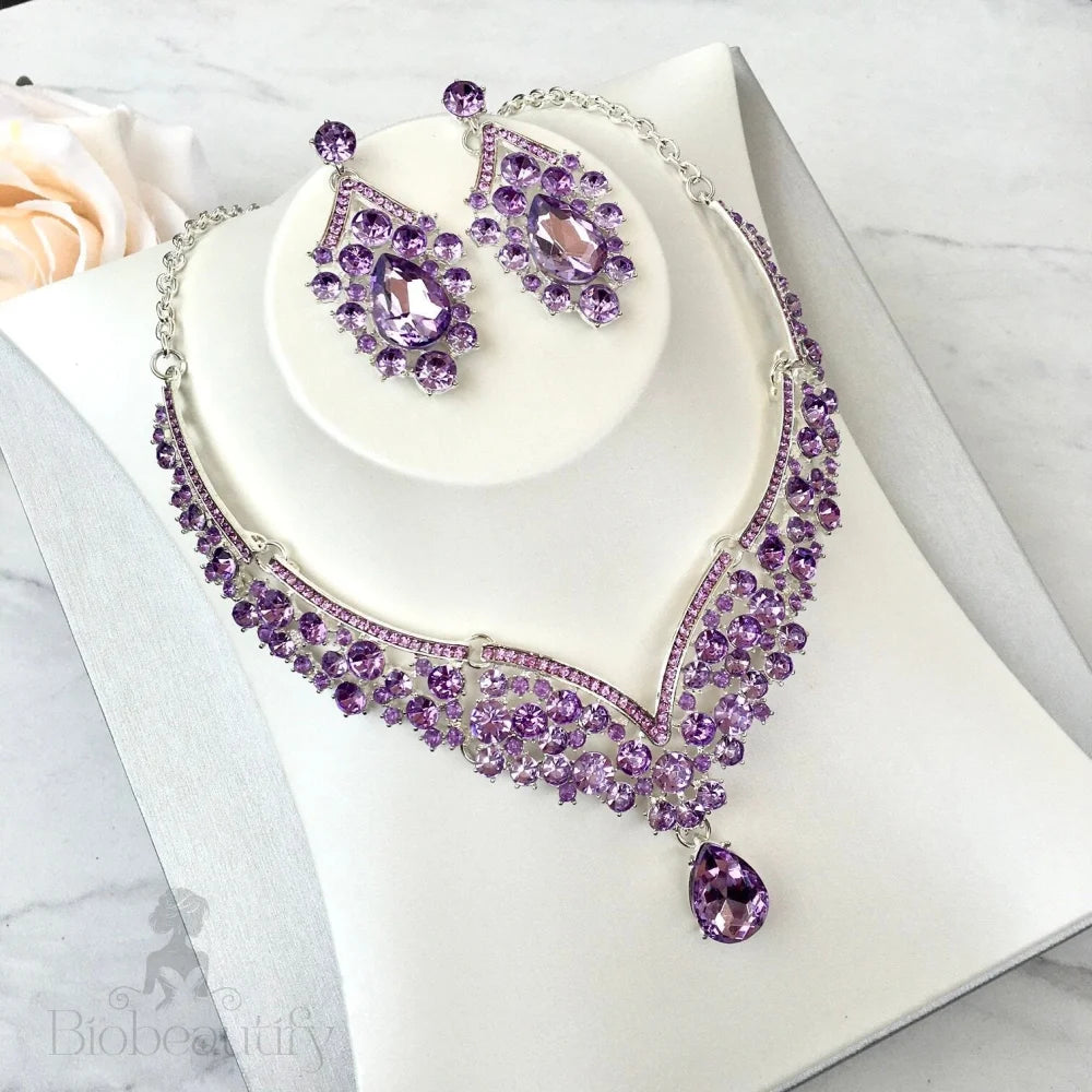 Wedding Jewelry and Accessories - Purple Crystal 3-Piece Bridal Jewelry Set With Tiara - Available in Silver and Gold