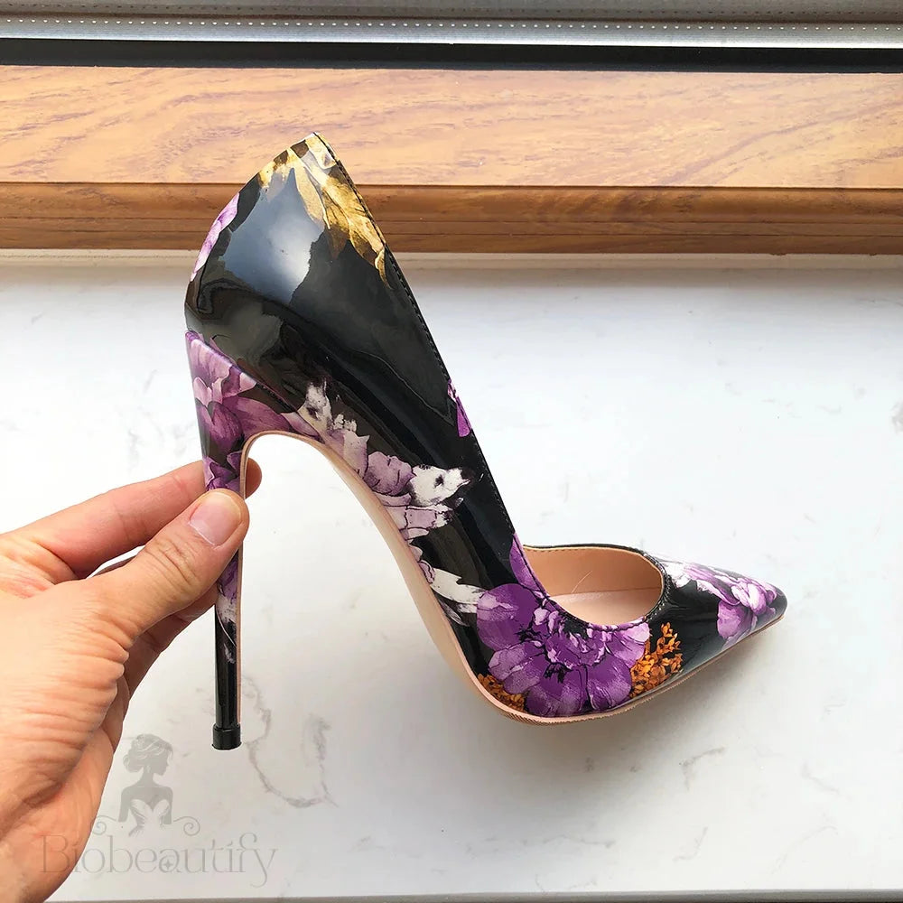 Purple Flower Print Women Patent Pointy Toe High Heel Shoes