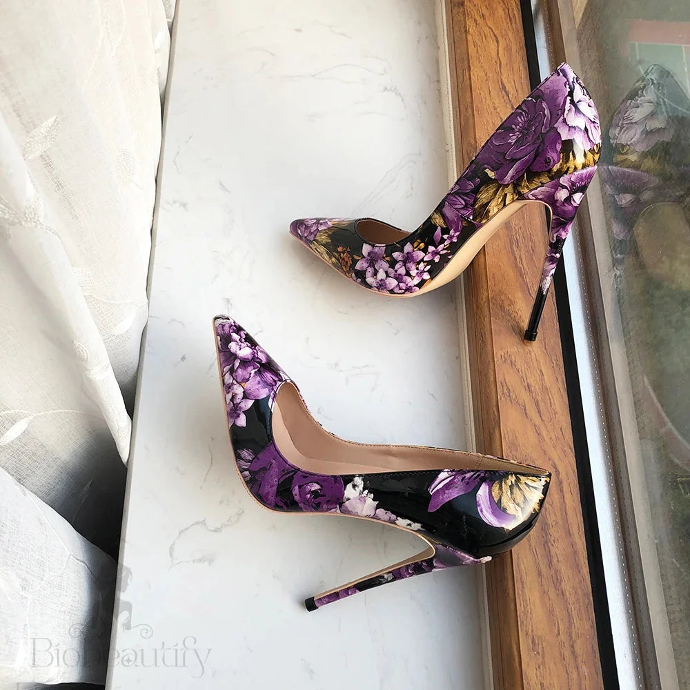 Purple Flower Print Women Patent Pointy Toe High Heel Shoes