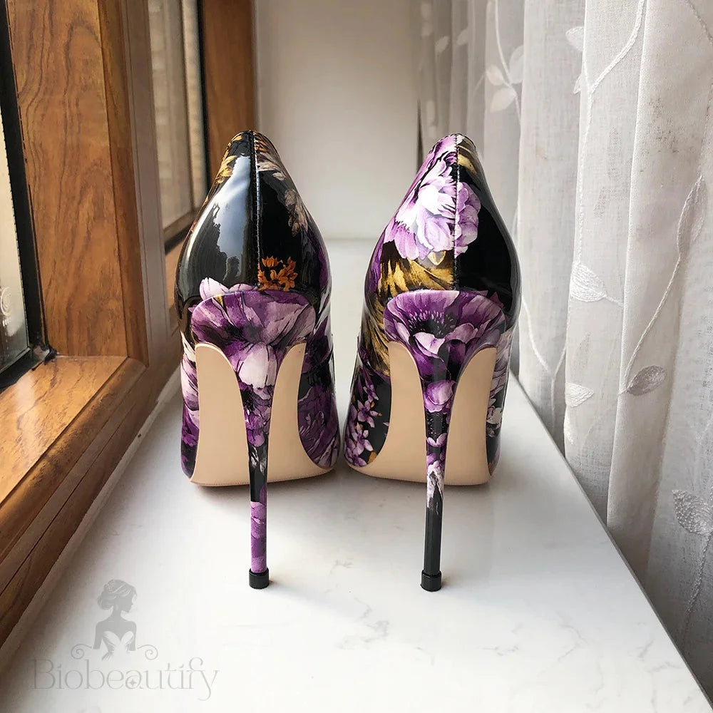 Purple Flower Print Women Patent Pointy Toe High Heel Shoes