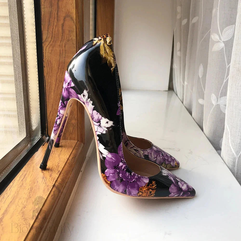 Purple Flower Print Women Patent Pointy Toe High Heel Shoes