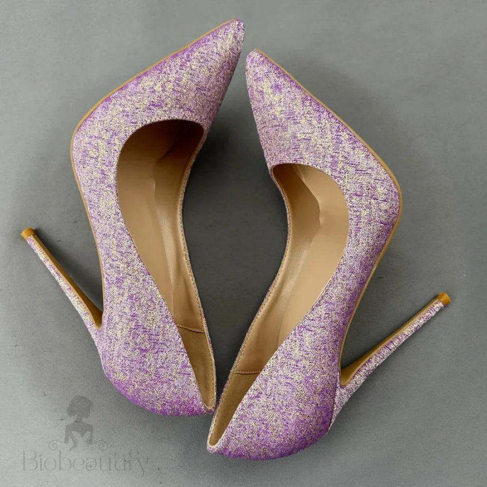 Purple Glitter Pointy Toe High Heel Shoes For Women