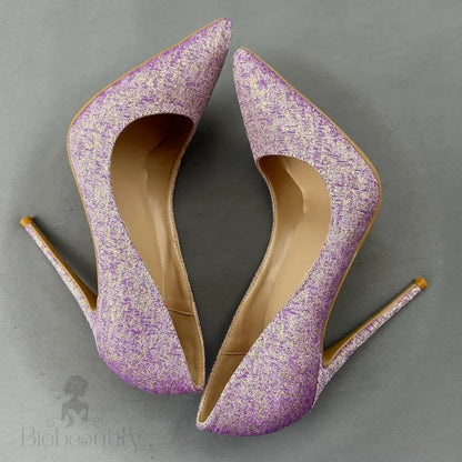 Purple Glitter Pointy Toe High Heel Shoes For Women