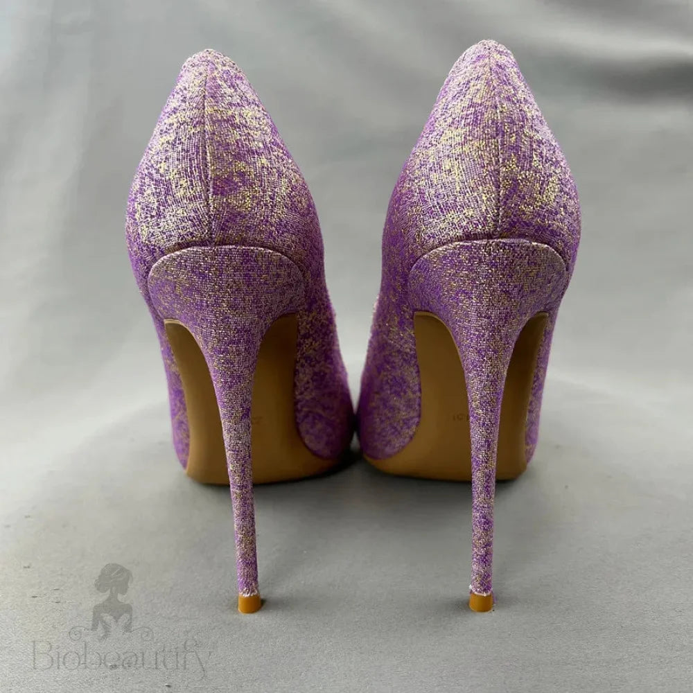 Purple Glitter Pointy Toe High Heel Shoes For Women