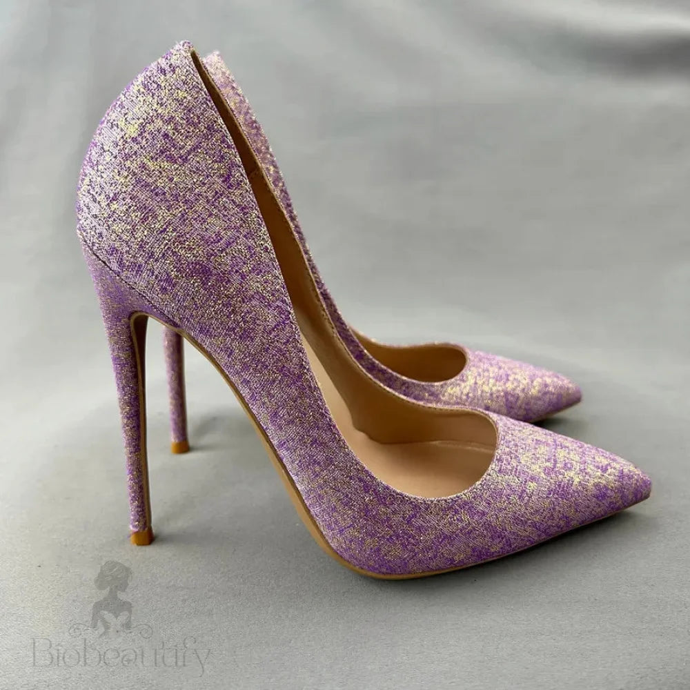 Purple Glitter Pointy Toe High Heel Shoes For Women