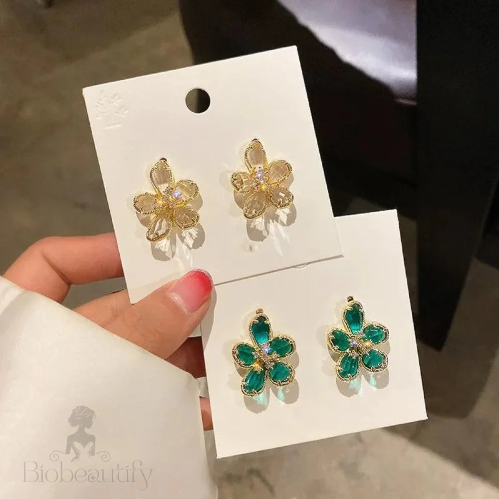 Purple Green Crystal Flower Dangle Earrings For Women Gold Metal Petals 2023