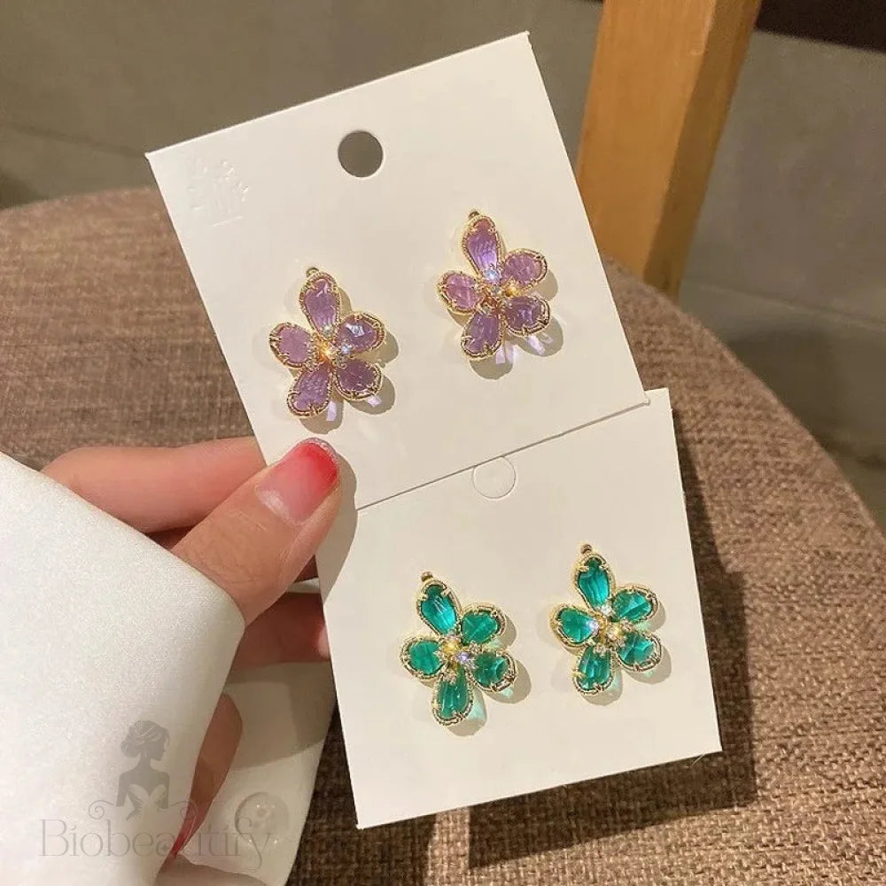 Purple Green Crystal Flower Dangle Earrings For Women Gold Metal Petals 2023