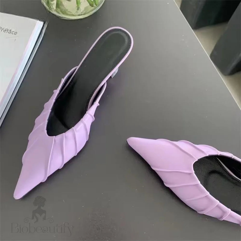 Purple Pink Pointed Toe Women Slippers With Thin Low Heels / 35