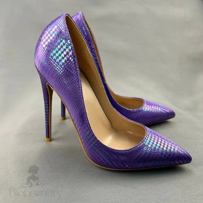 Purple Snakeskin Slip On High Heel Shoes For Women