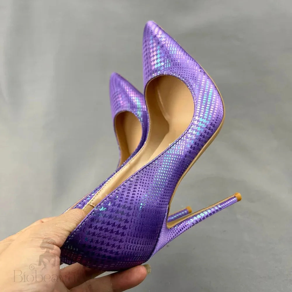 Purple Snakeskin Slip On High Heel Shoes For Women