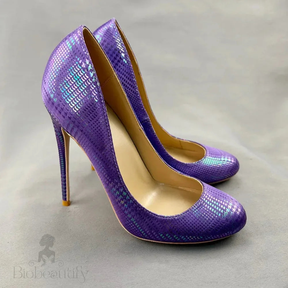 Purple Snakeskin Slip On High Heel Shoes For Women