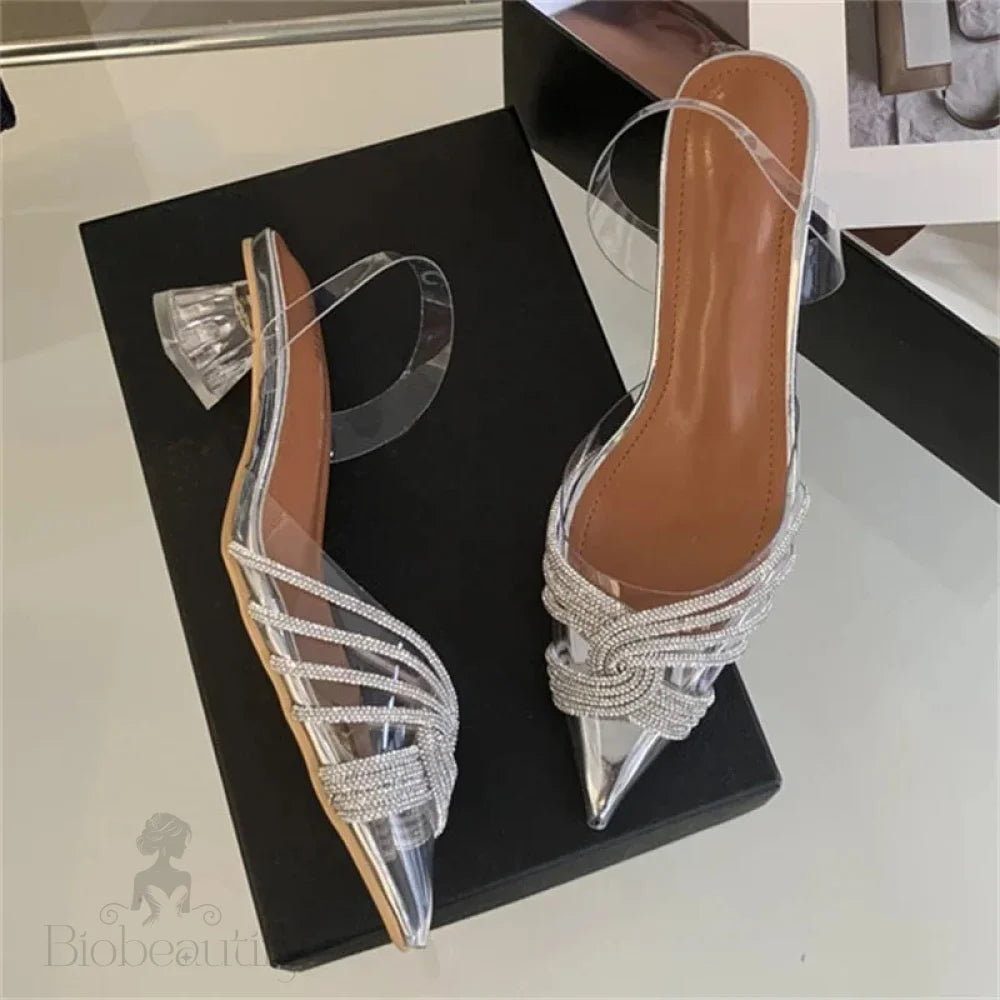 Pvc Transparent Crystal Low Heels Pointed Toe Women Pumps