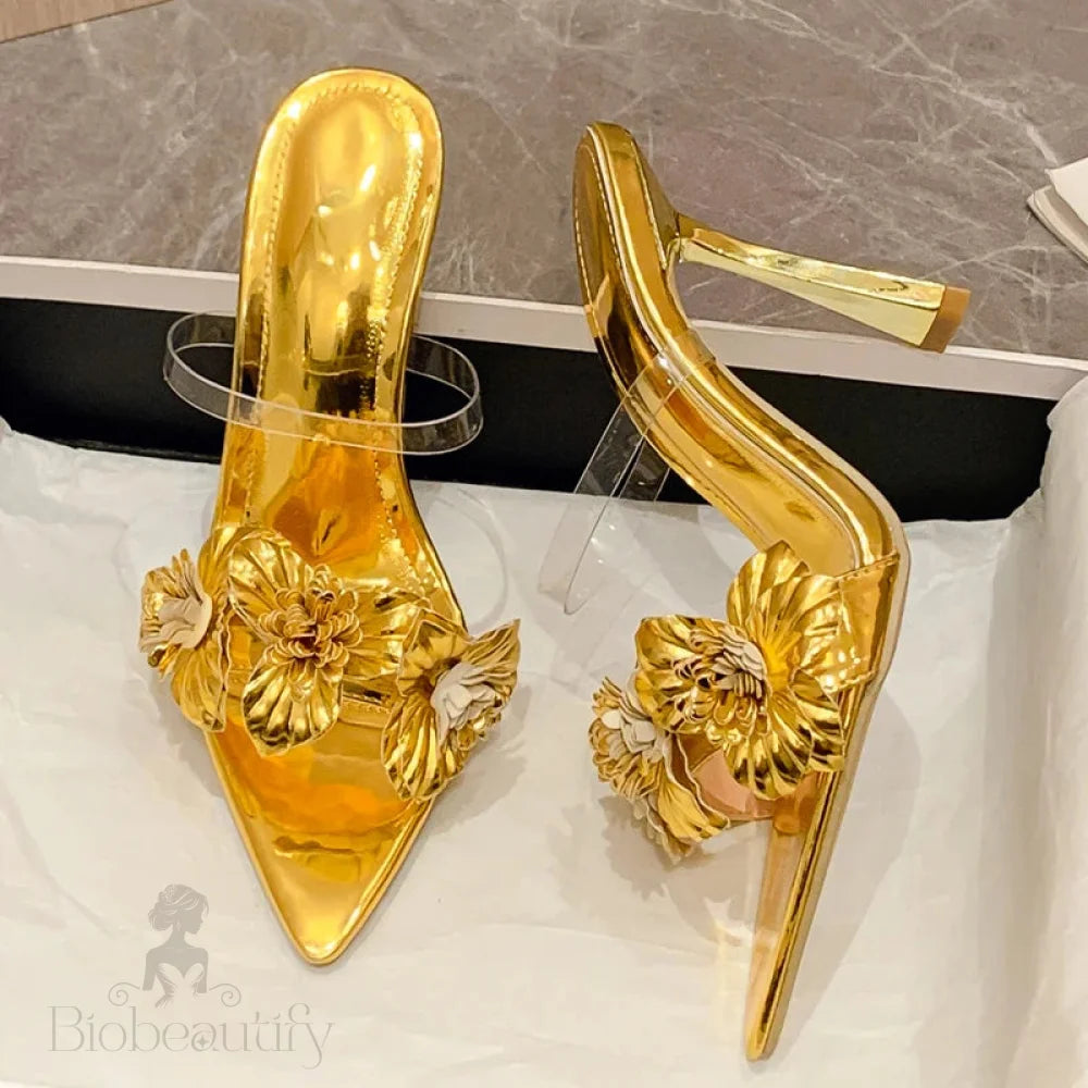 Pvc Transparent Flower Pointed Toe Thin Heel Slippers For Summer