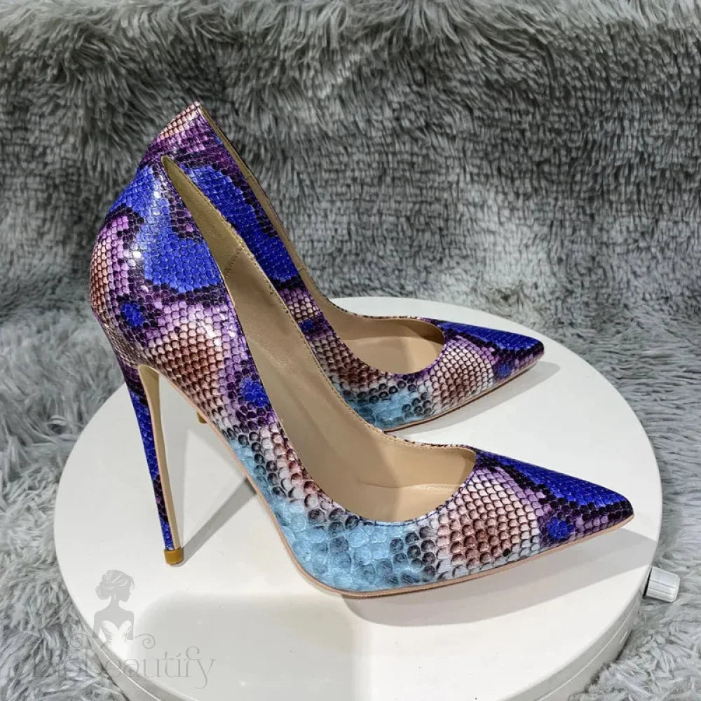 Python Pattern Blue Pointy Toe High Heel Party Shoes For Women