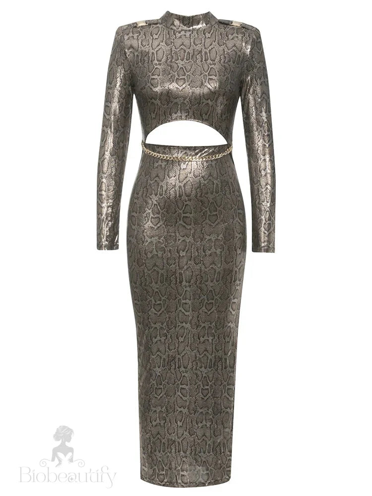 Python Snake Pattern Cut Out Dress With Chain