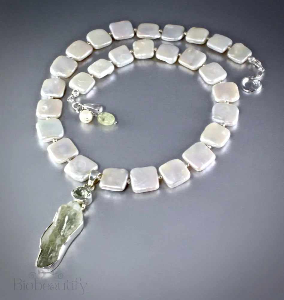 Raw Green Amethyst And Cultured Pearl Necklace In Sterling Silver By Marilyn