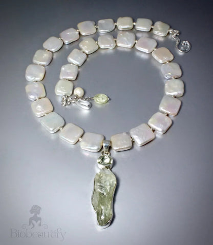 Raw Green Amethyst And Cultured Pearl Necklace In Sterling Silver By Marilyn