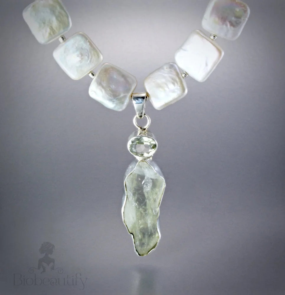 Raw Green Amethyst And Cultured Pearl Necklace In Sterling Silver By Marilyn