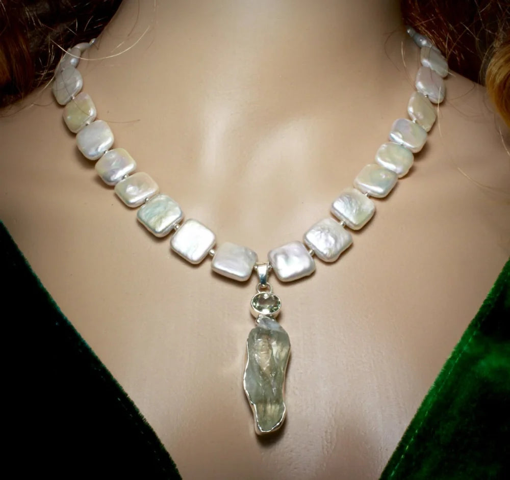 Raw Green Amethyst And Cultured Pearl Necklace In Sterling Silver By Marilyn