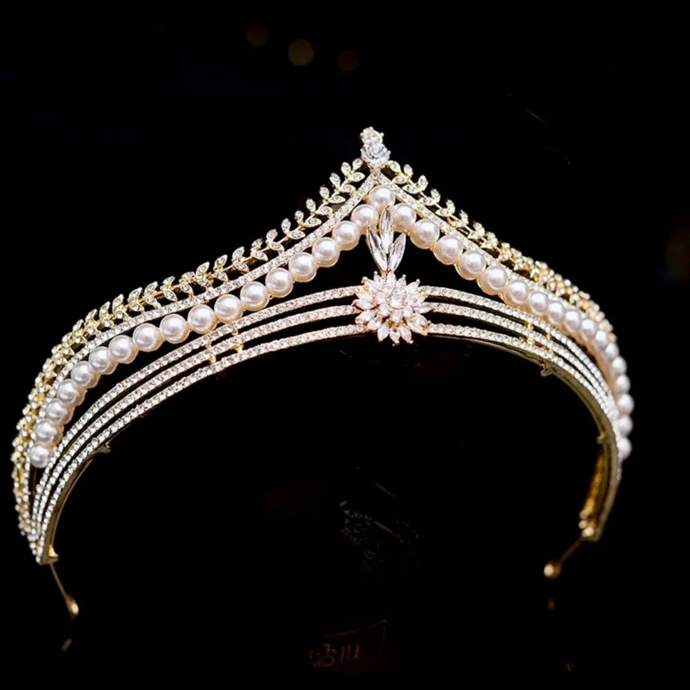 Reagan Bridal Tiara With Pearl And Crystal In Gold Or Silver