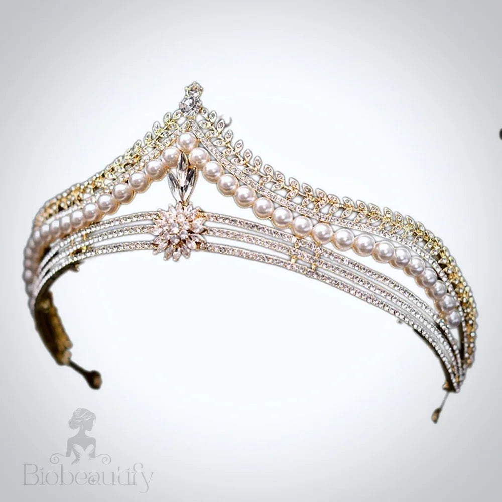 Reagan Bridal Tiara With Pearl And Crystal In Gold Or Silver