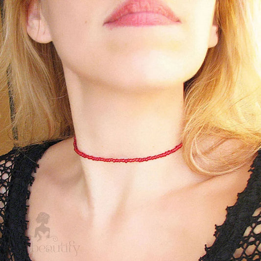 Red Beachy Polished Seed Bead Enamel Choker Necklace One Size /