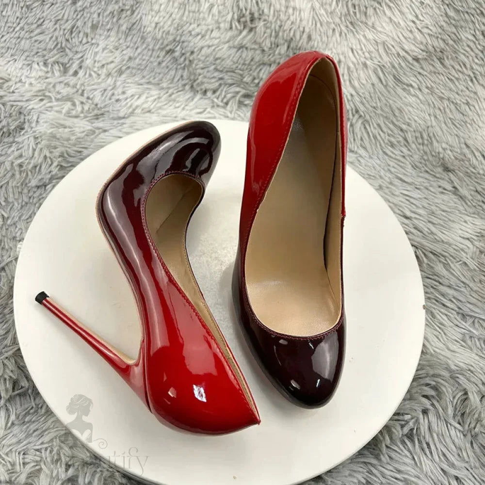 Red Black Gradient Round Toe High Heel Shoes For Women