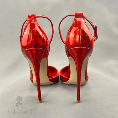 Red Black Women Ankle Buckle Round Toe High Heel Shoes For Summer