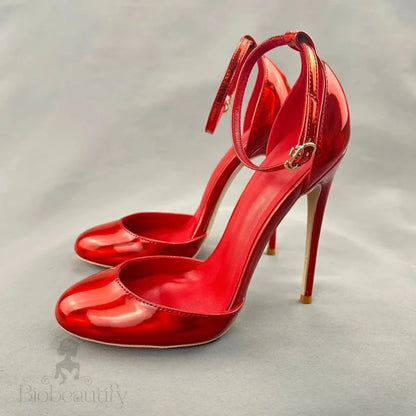 Red Black Women Ankle Buckle Round Toe High Heel Shoes For Summer