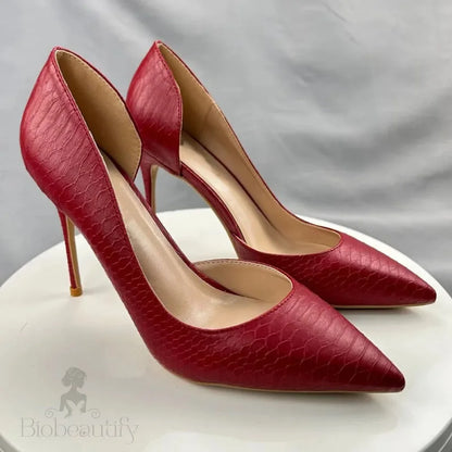 Red Matte Crocodile Effect Pointy Toe High Heel Shoes For Women