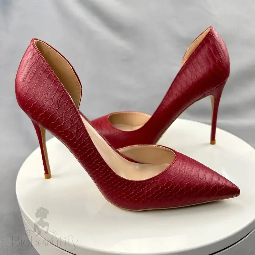 Red Matte Crocodile Effect Pointy Toe High Heel Shoes For Women