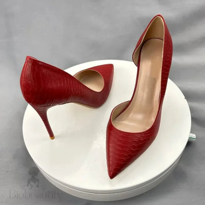 Red Matte Crocodile Effect Pointy Toe High Heel Shoes For Women