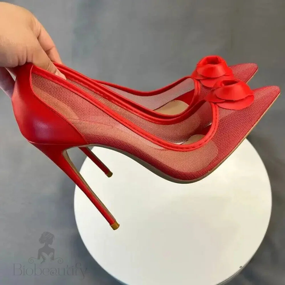 Red Matte Women Summer Gauze Pointy Toe High Heel Shoes