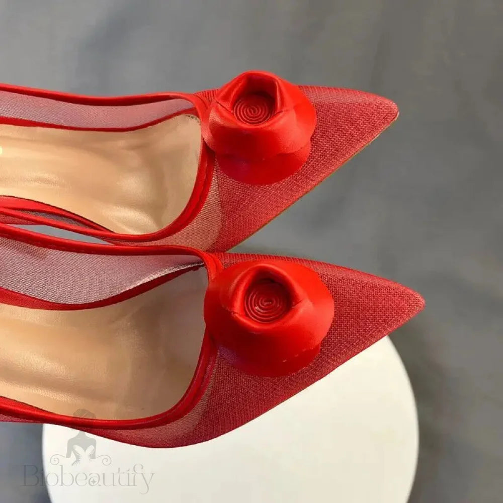 Red Matte Women Summer Gauze Pointy Toe High Heel Shoes