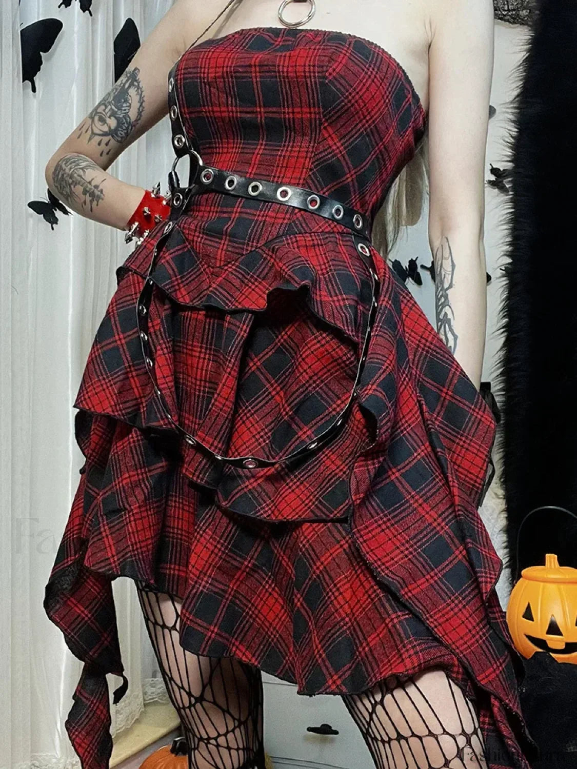 Red Plaid One Shoulder Irregular Backless Sexy Vintage Lolita Academy Dress