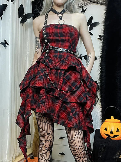 Red Plaid One Shoulder Irregular Backless Sexy Vintage Lolita Academy Dress Red / S