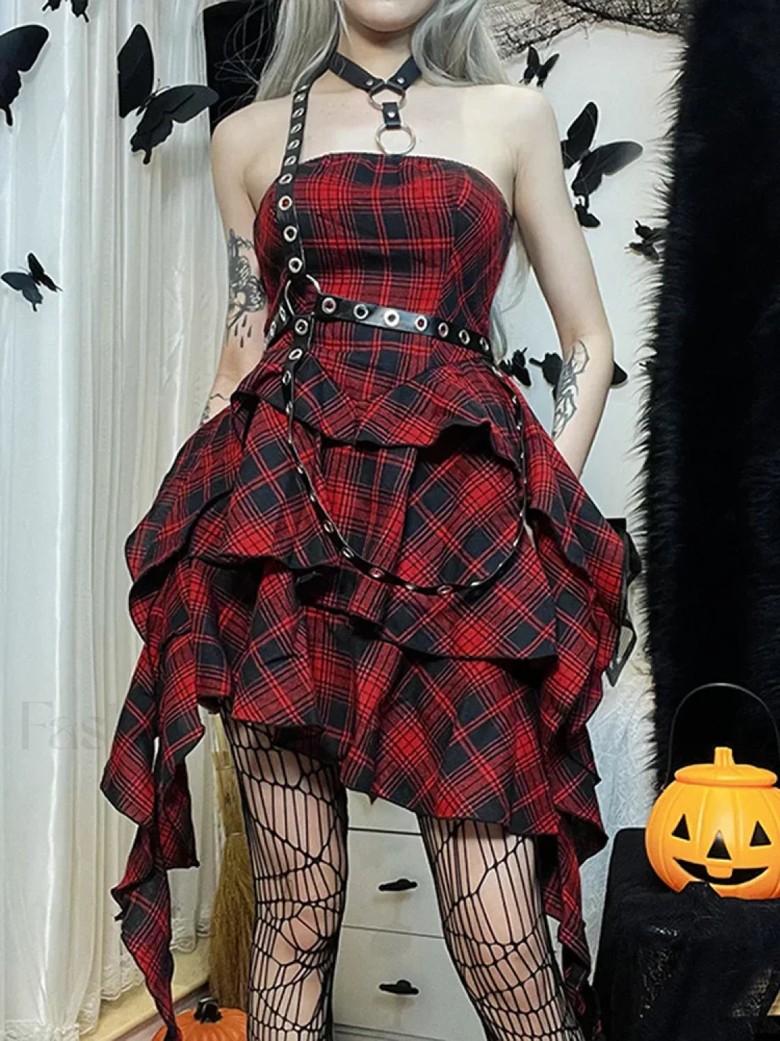 Red Plaid One Shoulder Irregular Backless Sexy Vintage Lolita Academy Dress Red / S
