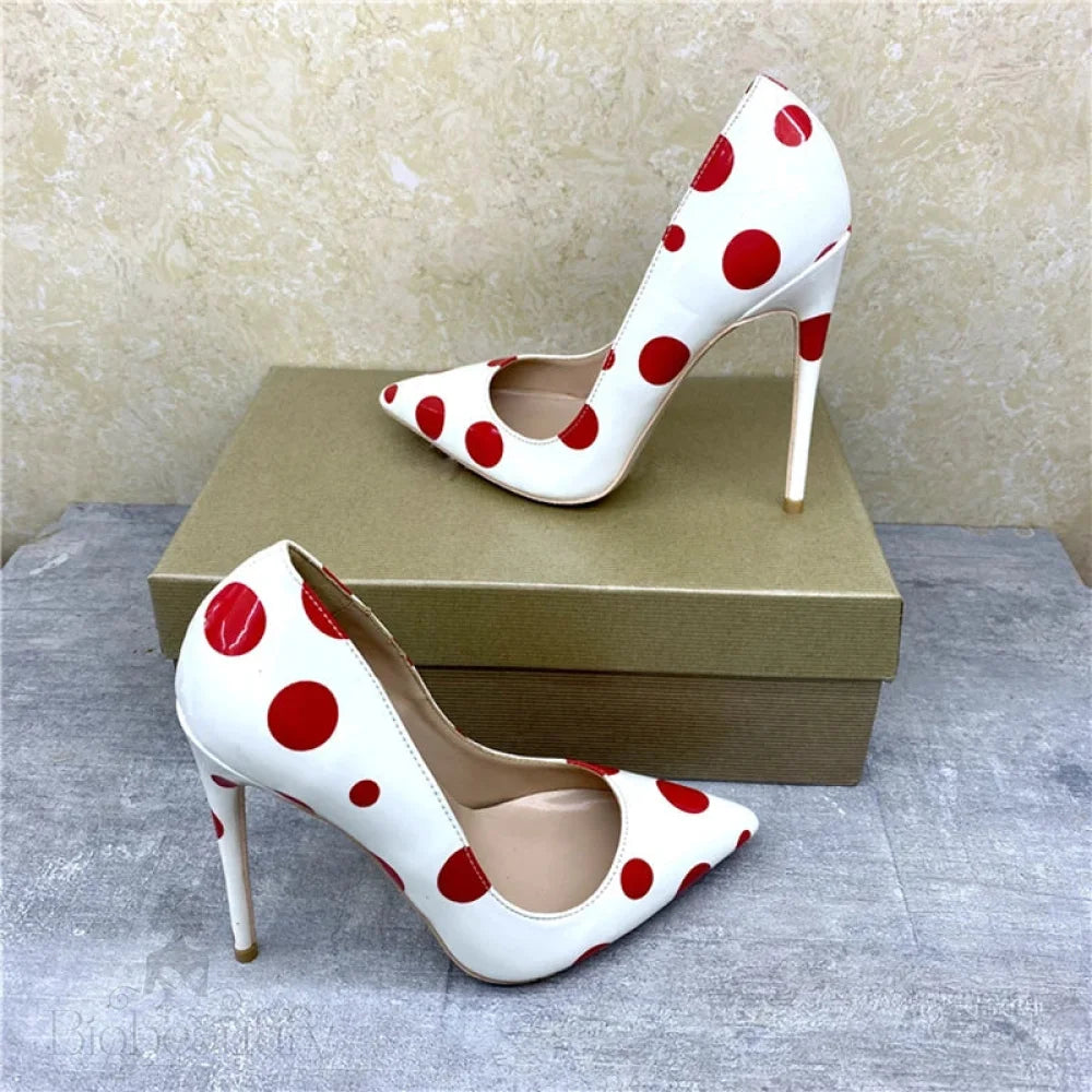 Red Polka Dot White Patent Pointy Toe High Heels For Women