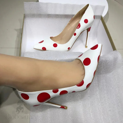 Red Polka Dot White Patent Pointy Toe High Heels For Women