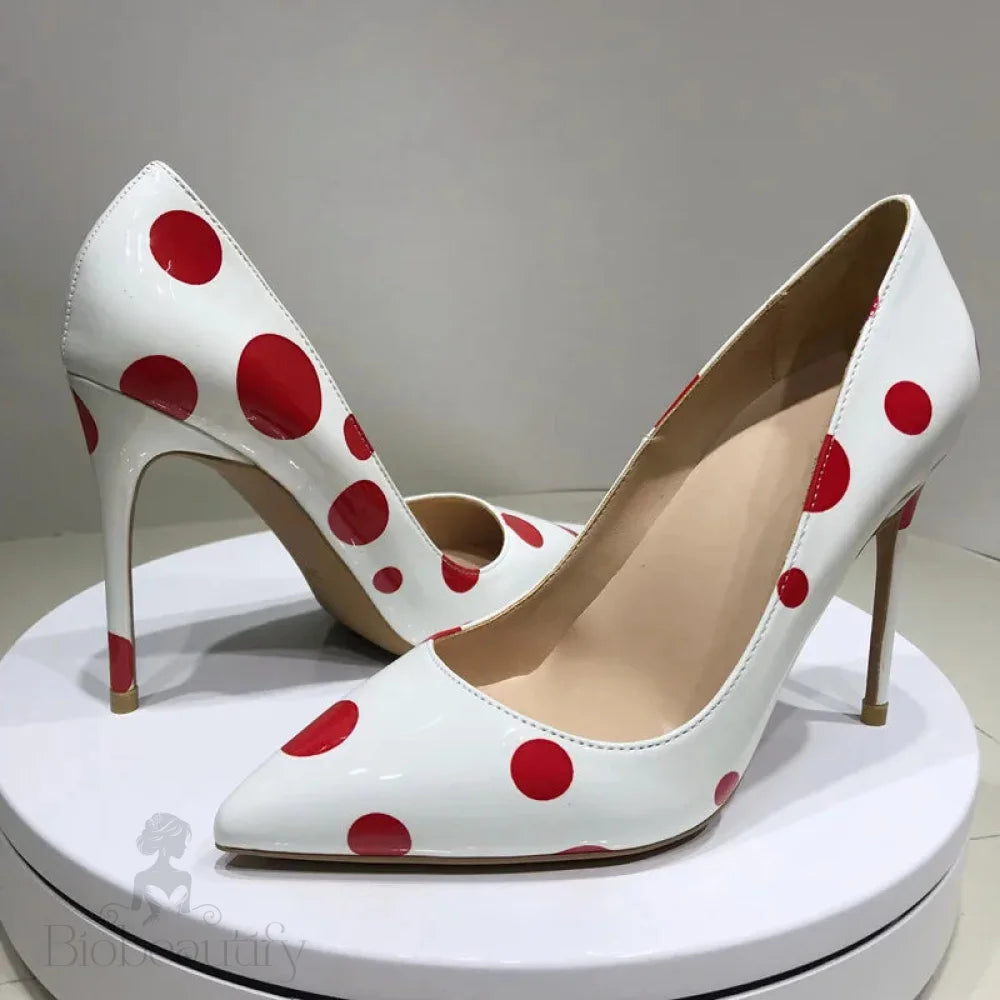 Red Polka Dot White Patent Pointy Toe High Heels For Women