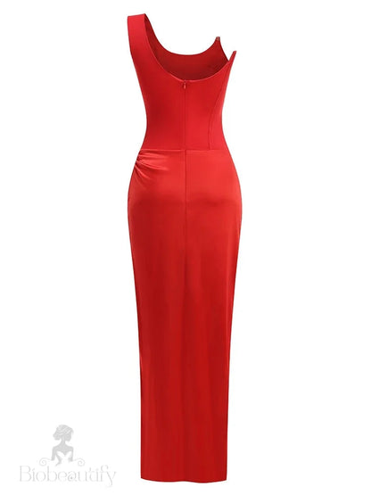 Red Satin Gown Dress With One Shoulder And Sequin/Rhinestone Details