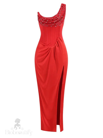 Red Satin Gown Dress With One Shoulder And Sequin/Rhinestone Details