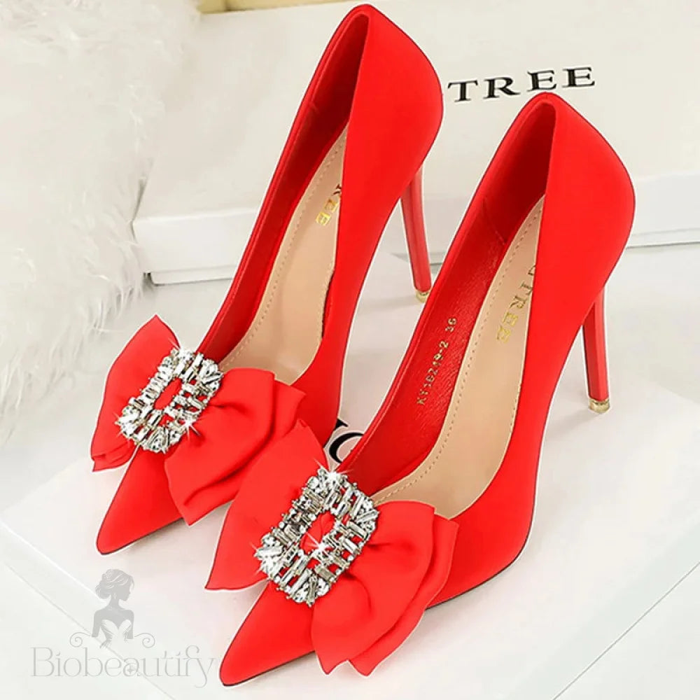 Red Silk Satin Women Pumps With Bowknot High Heels And Rhinestone Decoration