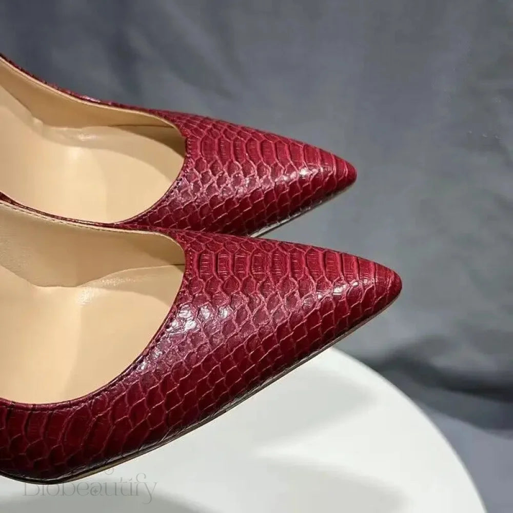 Red Snakeskin Pointy Toe High Heel Shoes For Women