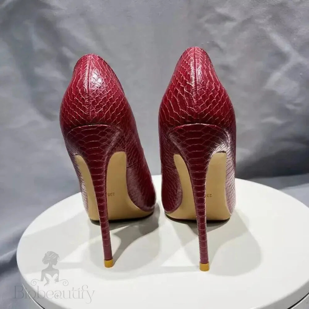 Red Snakeskin Pointy Toe High Heel Shoes For Women