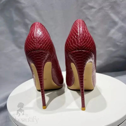 Red Snakeskin Pointy Toe High Heel Shoes For Women