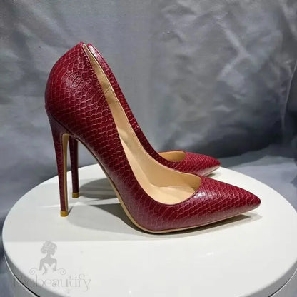 Red Snakeskin Pointy Toe High Heel Shoes For Women